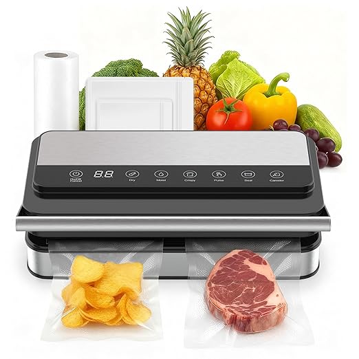 10-In-1 Vacuum Food Sealer Machine, 85Kpa 200W Automatic Food Sealer, Low Noise Food Vacuum Saver with Sealer Bags, Roll, Build-in Cutter, Handheld and Compact Design with Digital Timer