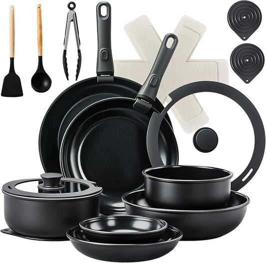 ROVSUN 23 Pcs Nonstick Pots and Pans Set, Cast Aluminum Kitchen Cookware Set with Detachable Handles, RV Kitchen Cooking Set and Utensils, Dishwasher Safe, PFAS PFOA & PFOS Free, Black