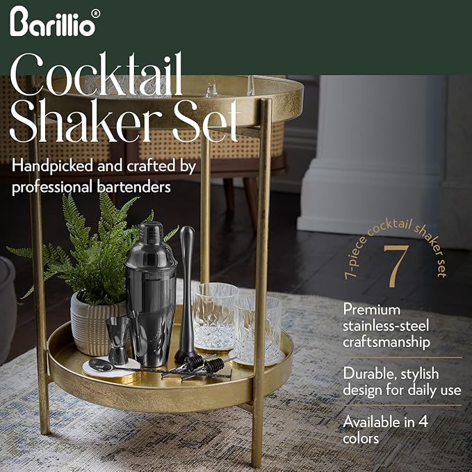 Barillio Black Mixology Bartender Kit - 8-Pc Stainless-Steel Travel Cocktail Shaker Set with Bag - Bar Tools w/Martini Shaker, Drink Mixer Spoon & Mojito Muddler for Cocktails - Bar & Bartending Kit