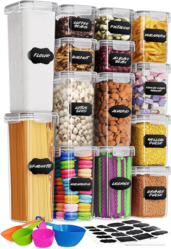 14 Pack Food Storage Container Set, Leak Proof Pantry Storage, BPA-Free Cereal Storage Containers Organizer for Kitchen Organization with Labels & Pen