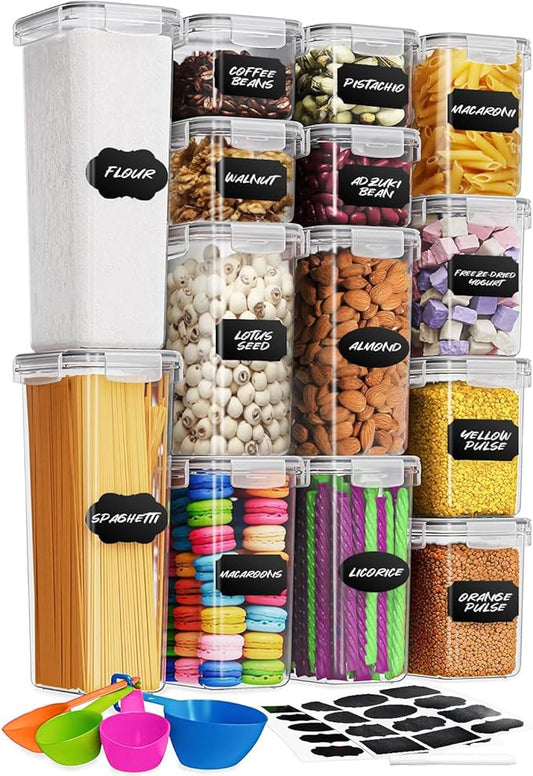 14 Pack Food Storage Container Set, Leak Proof Pantry Storage, BPA-Free Cereal Storage Containers Organizer for Kitchen Organization with Labels & Pen