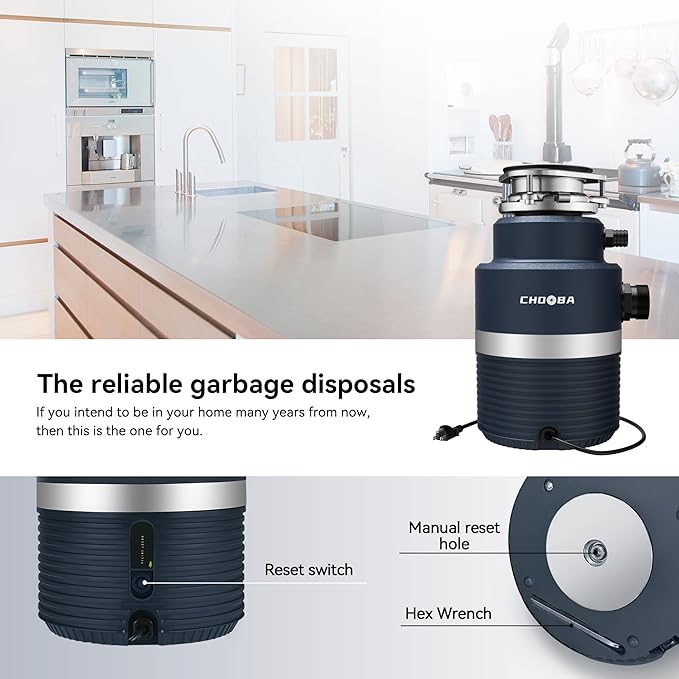 Garbage Disposal 1HP, Food Waste Disposal Continuous Feed, Garbage Disposal with Power Cord,Navy Blue…