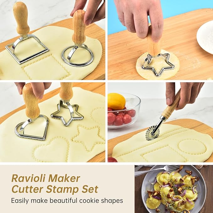 [14 Pieces Upgraded] Ravioli Pasta Cutter Wheel Set, Ravioli Maker Cutter with Roller Wheel with Wooden Handle, Pasta Press Wheel Pasta Tools For Pasta Making Dumplings, Pierogi (14-Pcs Set)