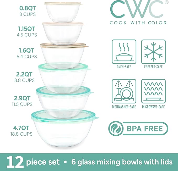 COOK WITH COLOR 12 Pc Glass Mixing Bowl Set with Lids – Borosilicate Glass Nesting Bowls for Cooking, Baking and Meal Prep, Mint