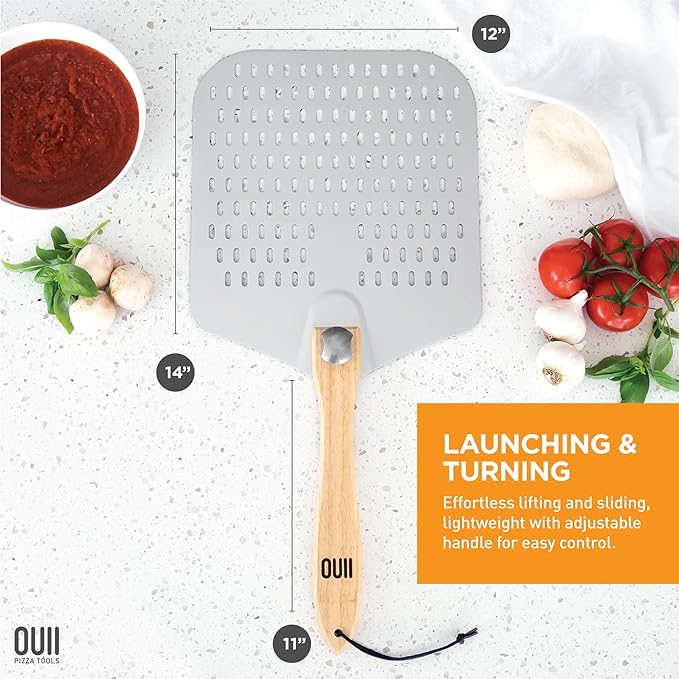 Perforated Pizza Peel 12 x 14 Inch. - Aluminum Metal Spatula Paddle for Grill with Foldable Handle. Pizza Oven Accessories and Tools. Turning Peel, Bread, Pastry, Dough, Cake.