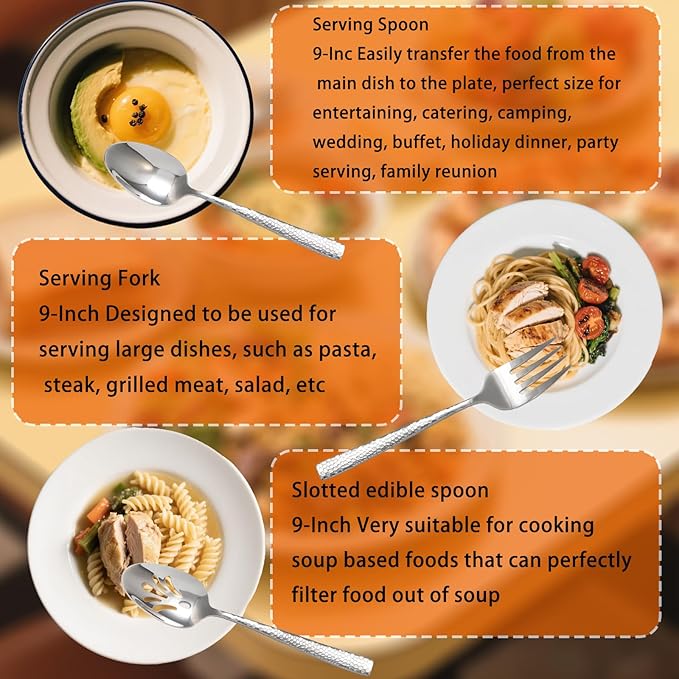 Large Hostess Serving Utensils Set, Stainless Steel Heavy Duty Hammered Serving spoons, Slotted Spoons, Serving Fork, Cake Server, Butter Knife, Dishwasher Safe（Silver）