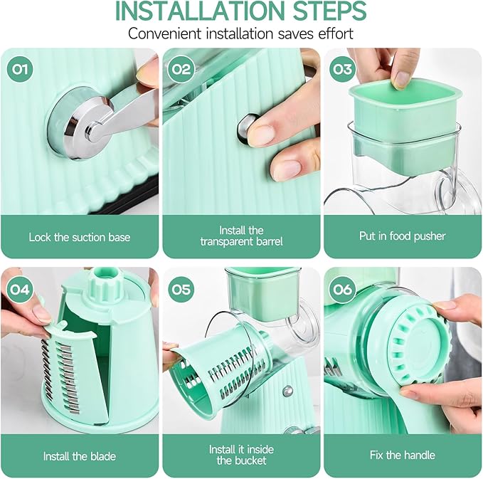 Xilrvna Rotary CheeseGrater, Vegetable Shredder 5 in 1 CheeseGraterwithHandleedderReinforcedSuction,EasytoClean,KitchenChopperforCrushed Ice,Fruits and Nuts with Blade Storage Case（Green）
