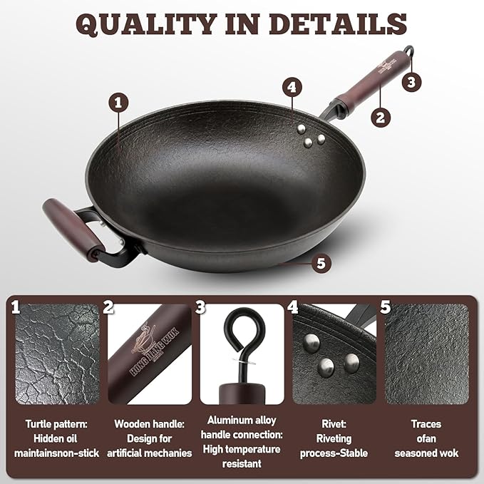 HONGJIANG Cast Iron Wok Pan, 14.2" Pre-Seasoned Flat Bottom Wok,Coating-Free Wok Stir Fry Pan With Glass Lid,Compatible Traditional Chinese Wok For Induction, Electric, Gas,Open Fire