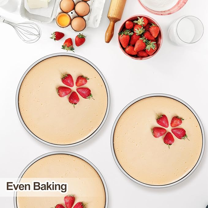 Homikit Round Cake Pan Set of 3, 8 Inch Stainless Steel Layer Cake Tins for Baking, Mirror Finish Bakeware for Wedding Birthday Baby Shower Party, Oven & Dishwasher Safe