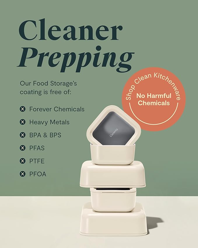 Caraway 6pc Glass Food Storage Set – 6.6 Cup Food Containers (6) - Ceramic Coated - Non Toxic, Non Stick with Lids - Microwave Safe - Mist