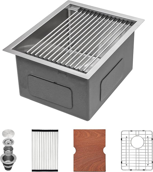 Mocoloo Square Undermount Bar Sink 15x15 Inch Single Bowl Undermount Kitchen Sink 16 Gauge Stainless Steel Bar Prep Workstation 9" Handmade Sinks