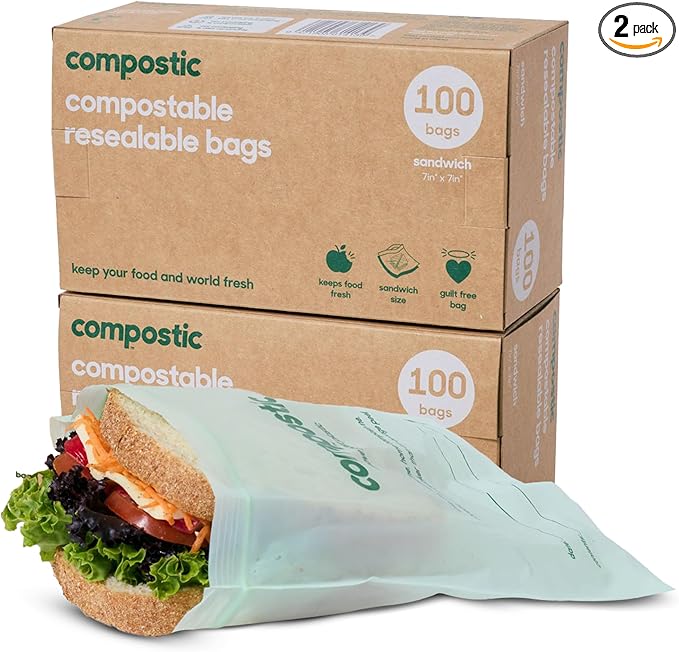 Compostic Home Compostable Resealable Sandwich Bags (7"x7"), Microwave & Freezer Safe, Organic Food Storage Container, 100 Count (Pack of 2)