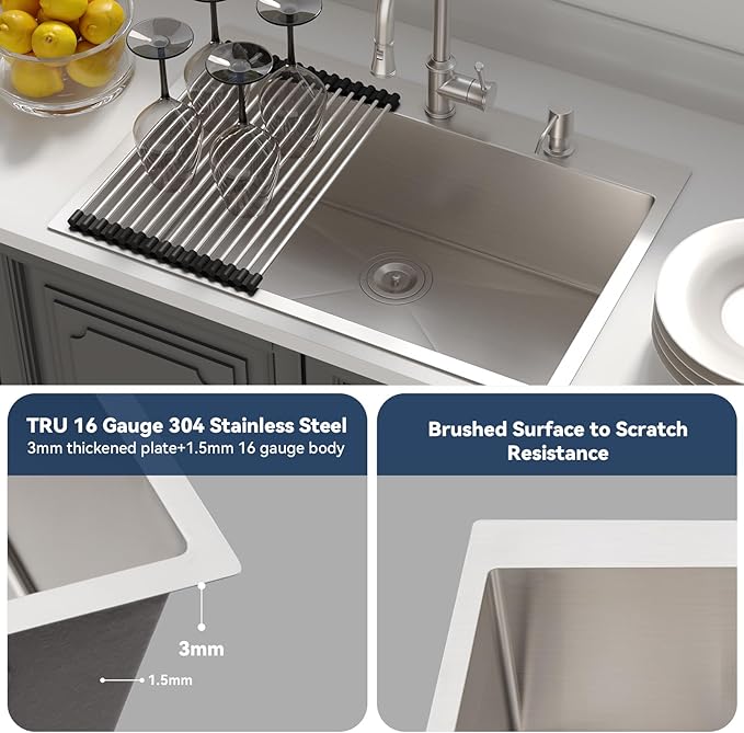 Lordear 28 Drop In Kitchen Sink 28 x 22 Kitchen Sink Single Bowl Drop In Stainless Steel 16-Gauge R10 Tight Radius Topmount Kitchen Sink