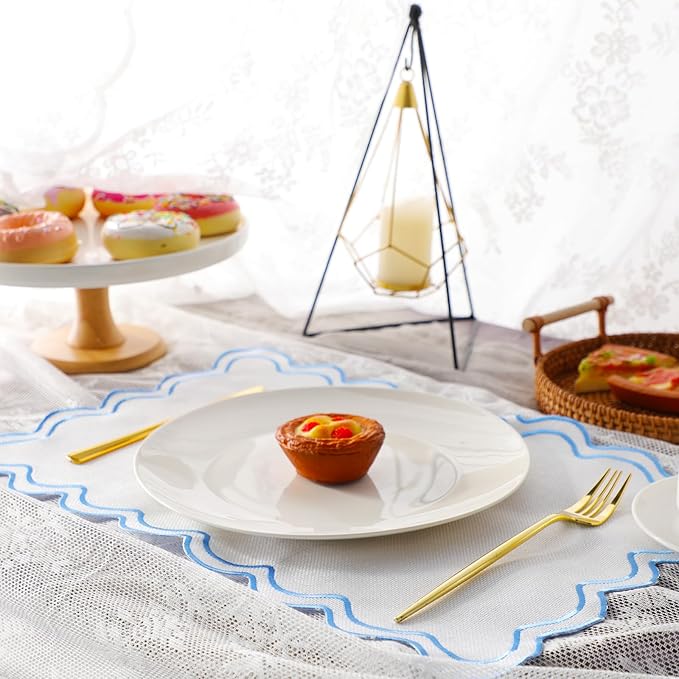 12 Set Linen Placemat 13x19 Wavy Embroidery Scalloped Placemat Double Layered Washable Farmhouse Dinner Table Mat Fabric Napkin for Christmas Hotel Restaurant Wedding Party(Sky Blue)