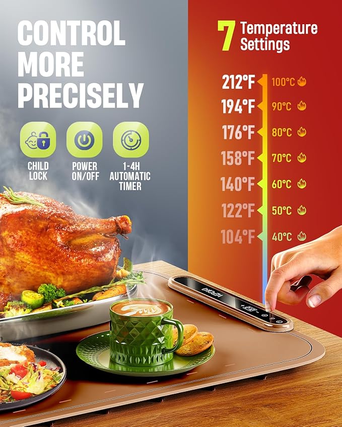 Warming Mat for Food, VEPOKA Food Warmer Mat for Countertop, Electric Warming Tray with 7 Temp Levels & Auto Shut-Off, Food Warmers for Parties, Ideal Gift for Kitchen & Buffet Use