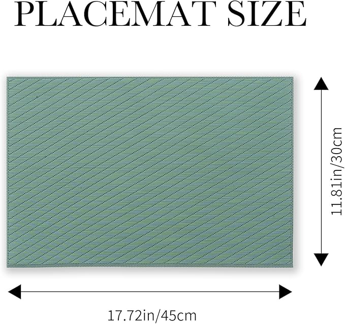 BACKTOEDEN Placemats Set of 6 Heat Resistant Washable Wipeable Placemat Woven Non-Slip Foldable Vinyl/Plastic Place Mats Indoor/Outdoor Mat Kitchen Dining Table Pad, Green Twill