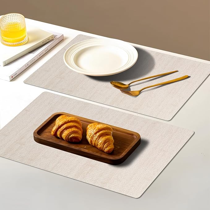Vinyl Placemats Set of 6-12×17.7 Inch Waterproof & Heattable Placemats, Fall Faux Leather Wipeable Outdoor Table Mat for Dining, Kitchen, Indoor Outdoor Use (Beige, Linen Texture)