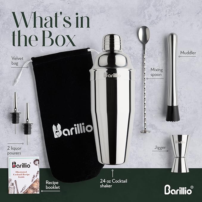 Barillio Mixology Bartender Kit - 8 pcs Stainless Steel Travel Cocktail Shaker Set with Bag - Bar Tools Set with Martini Shaker, Drink Mixer Spoon & Mojito Muddler for Cocktails, Pourers & Jigger