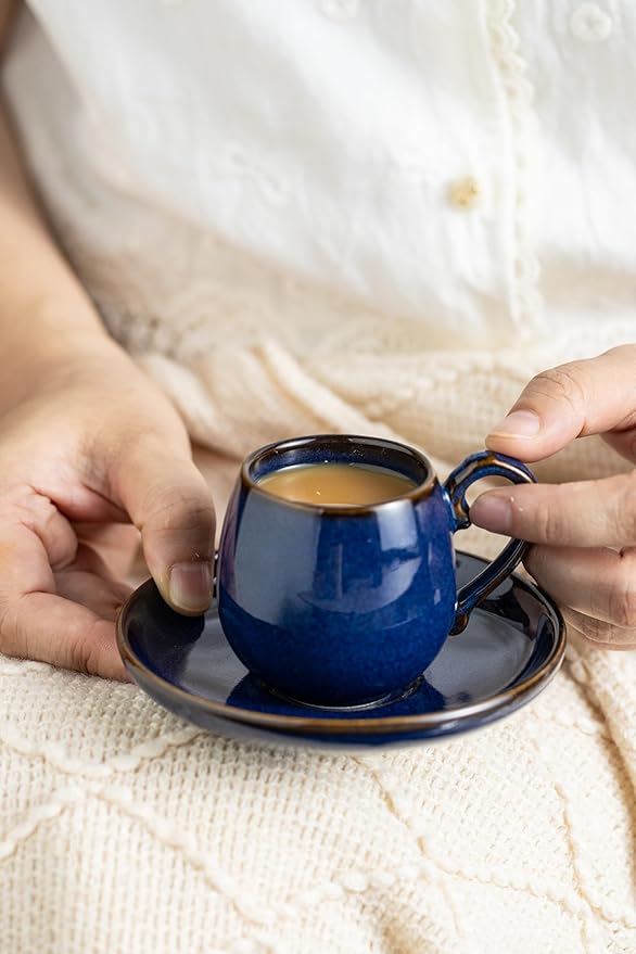 LYEOBOH 3 Ounce Espresso Cups Set of 6, Ceramic Small Coffee Cups with Saucers, Cute Demitasse Cups and Metal Stand with Spoons for Great Gift, Mini Cafe Cup for Espresso, Mocha, Tea - Cobalt Blue