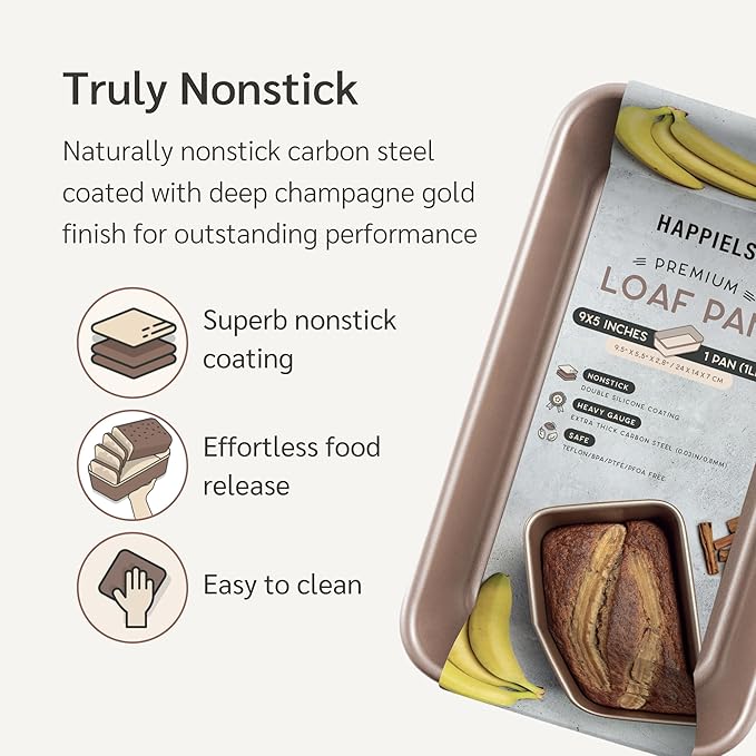 HAPPIELS Nonstick 9x5 inch Bread Loaf Pan for Oven | PFOA & BPA Free Non Toxic Loaf Tin | Molds for Baking | Best 9 x 5 Non stick Bakeware | Nontoxic 5x9 Banana Bread Mold Pans & Tins