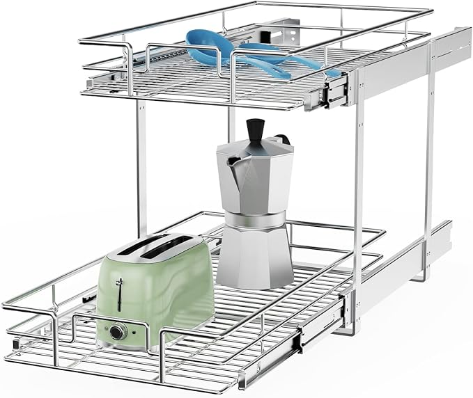 ROOMTEC Individual Pull Out Cabinet Organizer (14" W x 21" D), 2 Tier Spice Rack Organizer for Cabinet, Slide Out Drawer Pantry Shelf Organization and Storage for Kitchen Bathroom