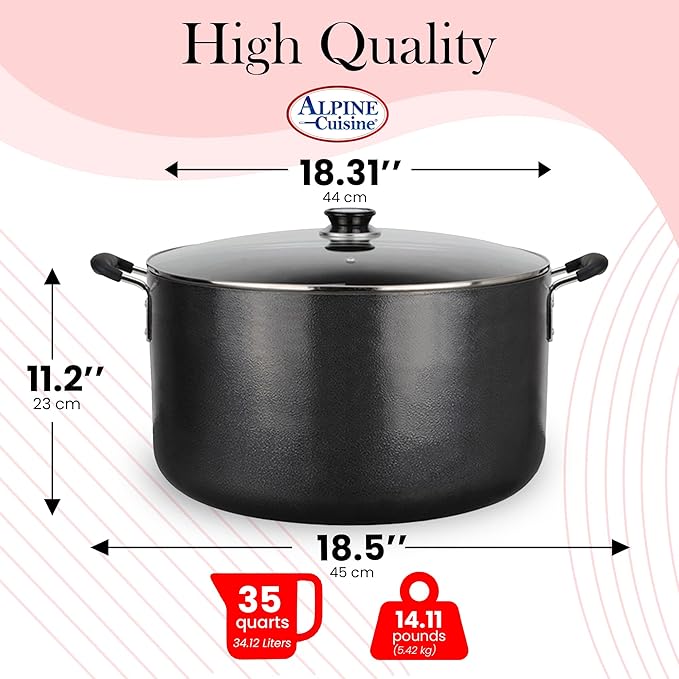 Alpine Cuisine 35 Quart Non-stick Stock Pot with Tempered Glass Lid and Carrying Handles, Multi-Purpose Cookware Aluminum Dutch Oven for Braising, Boiling, Stewing