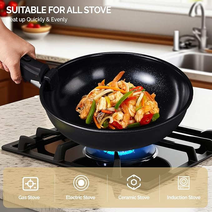 ROVSUN 23 Pcs Nonstick Pots and Pans Set, Cast Aluminum Kitchen Cookware Set with Detachable Handles, RV Kitchen Cooking Set and Utensils, Dishwasher Safe, PFAS PFOA & PFOS Free, Black