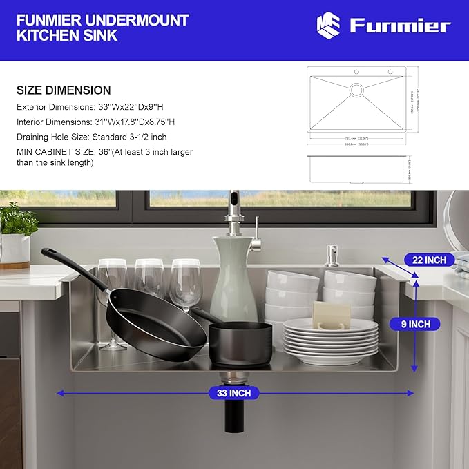 33 x 22 Drop In Kitchen Sink - 33 Inch Topmount Kitchen Sinks Stainless Steel 16 Gauge Single Bowl Above Counter Handmade Basin with Offset Drainer