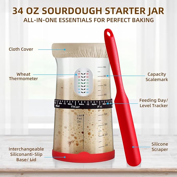 Sourdough Starter Kit,Gift for Bakers Sourdough Bread Baking Supplies,34oz Starter Jar, 2 Cotton Rope Proofing Baskets & More for Sourdough Starter Bread Making Baking Fermentation