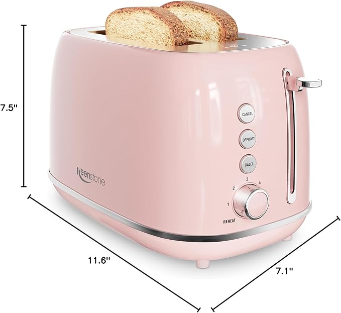 Toaster 2 Slice Stainless Steel with 6 Bread Shade Settings, Bagel, Cancel, Defrost Function, 2 Slice Retro Toaster with Extra Wide Slot, Removable Crumb Tray, pink
