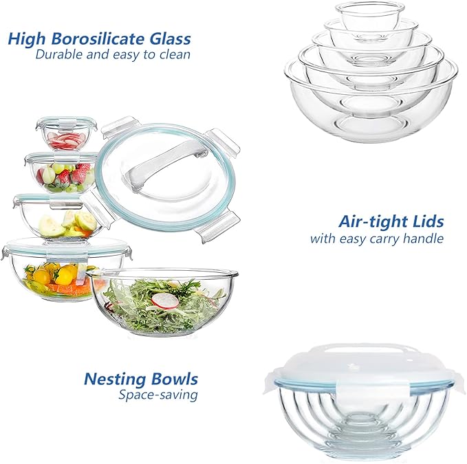 Luvan Glass Mixing Bowl with Lids Set of 5(0.2QT, 0.5QT, 1.1QT, 2.1QT, 3.75 QT), Space-Saving Nesting Bowls Anti-slip Salad Bowls for Storage, Cooking, Microwave,Freezer,Oven and Dishwasher Safe