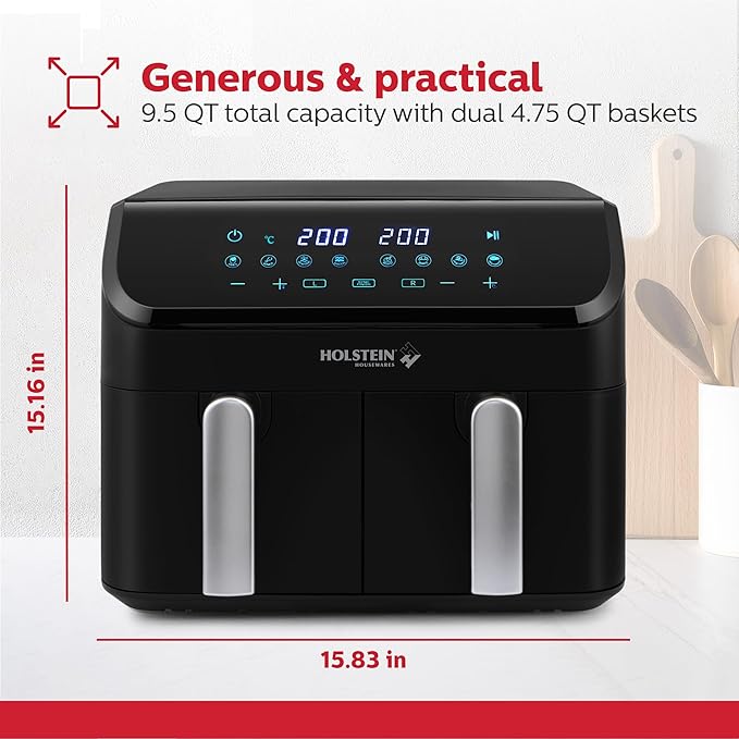 Holstein Housewares 9.5 QT Dual Basket Digital Air Fryer, Independent Controls - Non-Stick, Healthy Cooking with Less Oil, 8 Presets, Fry, Roast, Bake & Grill, LED Display & Dishwasher-Safe Parts