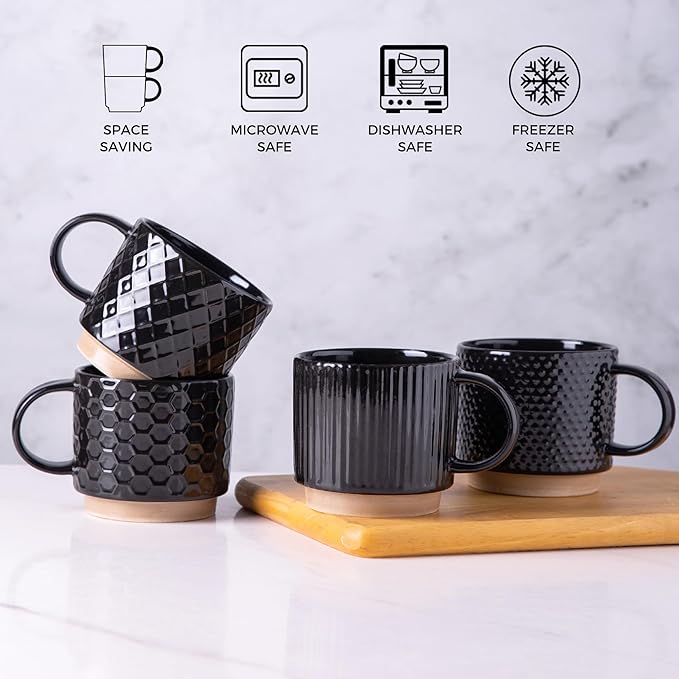 GBHOME 12OZ Stackable Coffee Mugs, Ceramic Coffee Mugs with Texture Patterns for Man,Woman,Dad,Mom, Modern Coffee Mugs Set of 4 for Latte/Cappuccino/Cocoa. Dishwasher&Microwave Safe, Black