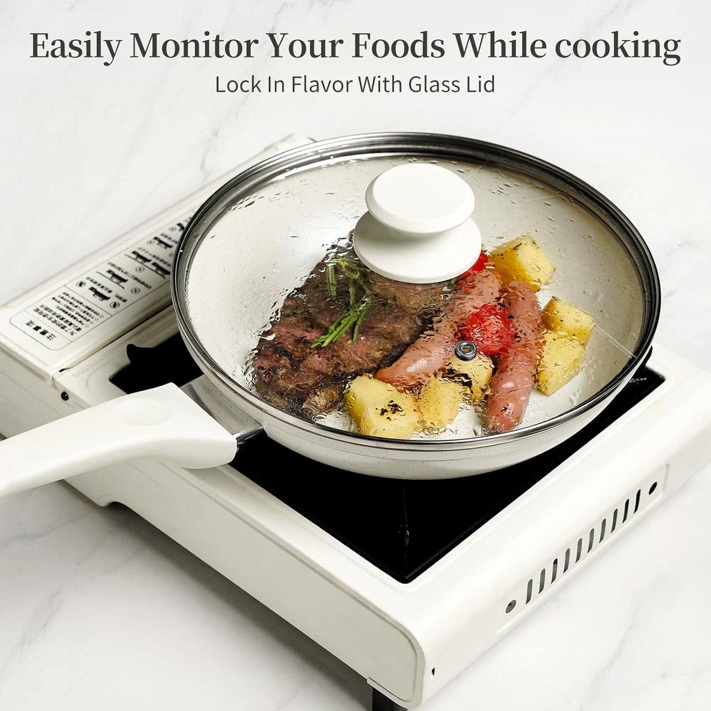 Ceramic Nonstick Frying Pan Set - White Pans With Lids, Induction Skillets for Eggs & Omelets, Healthy No Toxic Cookware, PFOA&PFAS Free