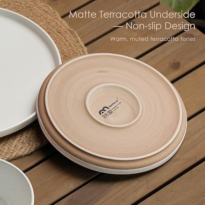 12 Pieces Farmhouse Stoneware Dinnerware Sets, Speckled Ceramic Plates and Bowls Set, Matte Terracotta Underside Ceramic Dishes Set for 4, Scratch Resistant Microwave & Dishwasher Safe (Autumn Melody)