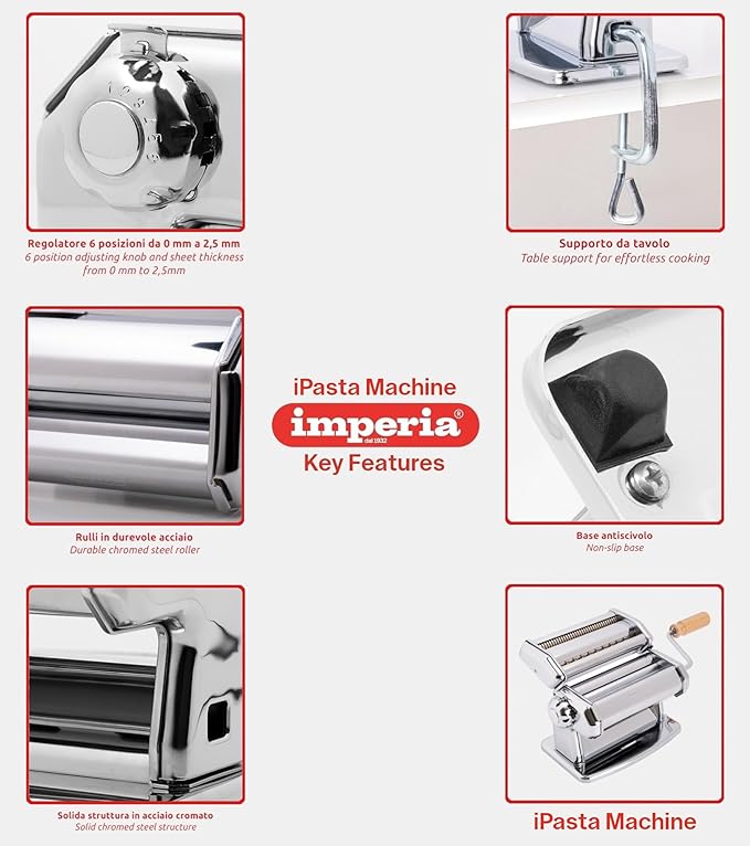 Imperia IPasta Classic Pasta Maker- 100% Made in Italy- Pasta Machine with Durable Steel Construction- Cutter Attachment Accessory for Lasagna, Fettucine & More- Manual Roller w Wooden Handle (Silver)