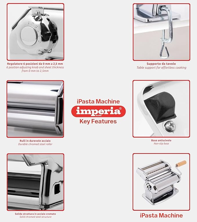 Imperia Pasta Maker Machine- 100% Made in Italy, Heavy Duty Steel Construction, Easy Lock Dial, Wood Grip Handle & Cleaning Brush- Fresh Homemade Italian Spaghetti Fettuccine or Lasagna (Classic Line)