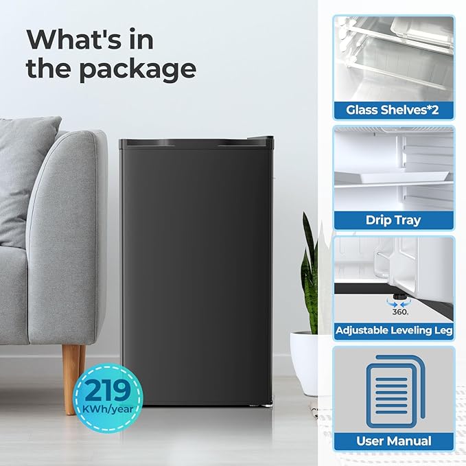 3.2 Cu.ft Mini Fridge with Freezer, Compact Refrigerator with Reversible Single Door, Adjustable Thermostat, Low Noise, Energy Efficient for Office, Dorm, Bedroom, Apartment (Black)