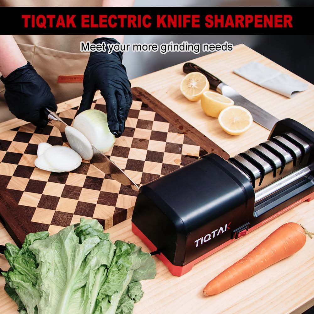 Electric Knife Sharpener,Professional kitchen knife sharpener,Diamond abrasive and precision Angle guide 3 stage slot home sharpener,Sharpening and Polishing, Red