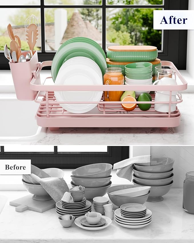 Kitsure Dish Drying Rack for Kitchen Counter, Stainless Steel Sink Organization and Storage Essentials with Cutlery Holder, Home and Appartment Decor, 12''W x 15.5''L, Pink