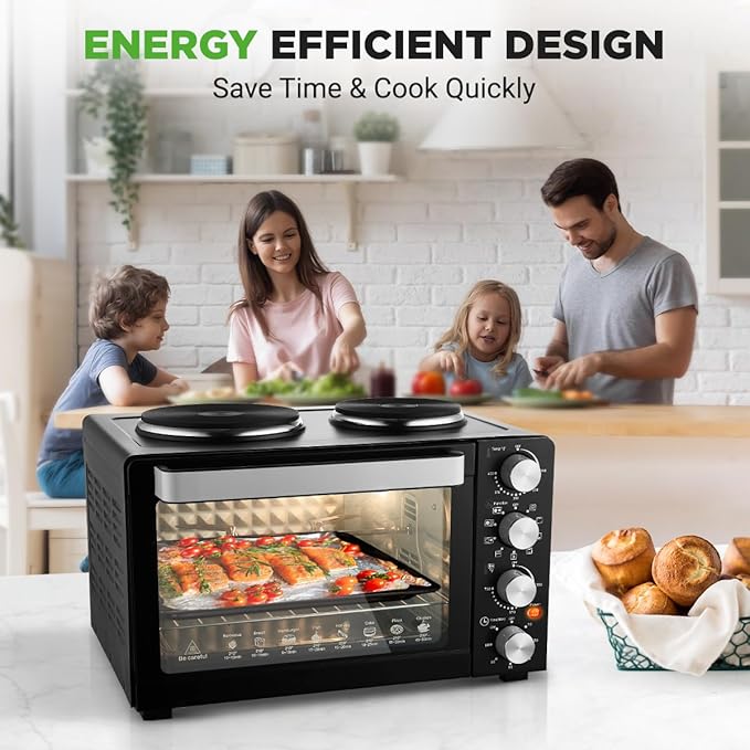 NutriChef 30 Quart Kitchen Convection Oven & 2 Burner Cooker - 1500 Watt Oven - 7 Cook Functions Rotisserie, Cook, Bake, Broil & More - Includes Baking Tray, Skewers & Handles - 19.6 x 16.0 x 13.5 IN