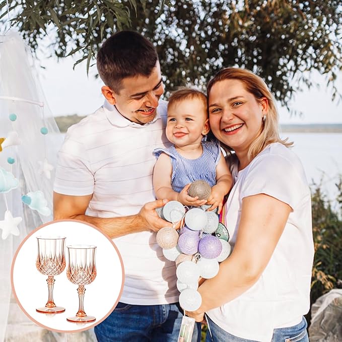 XUWAIDSGN 24 Pcs 7oz Plastic Vintage Wine Glasses Drinking Glasses Unbreakable Wedding Glassware Crystal Water Goblets Reusable Drinkware Vintage Champagne Flutes (24, Pink)