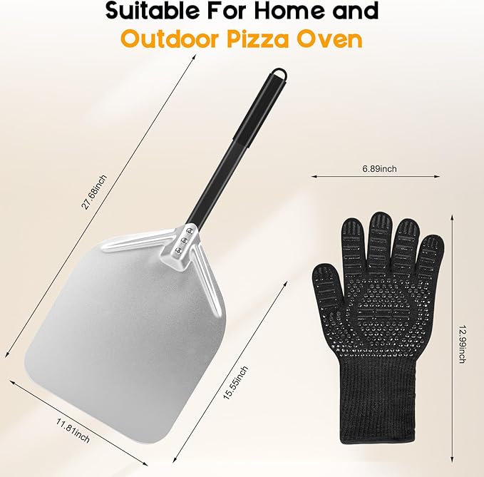 Pizza Peel 12 Inch, Pizza Spatula with Oven Gloves, Detachable Handle, Pizza Paddle for Indoor & Outdoor, Pizza Oven Accessories
