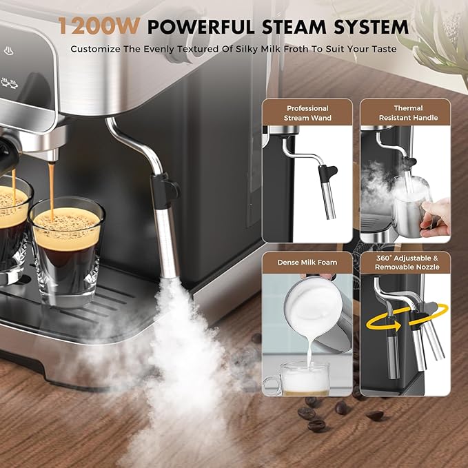 Espresso Machine 20 Bar, Professional Espresso Maker With Auto Milk Frother, Home Compact Espresso Coffee Machine With Led Touch Screen, 61OZ Removable Water Tank For Latte, Cappuccino