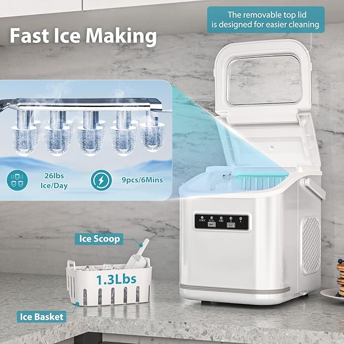 Countertop Ice Maker Machine, Portable Compact Small Bullet Ice Maker with Self Cleaning Function Makes 9 Cubes in 6 Minutes, Up to 26lbs in 24 Hours, Ideal for Camping Dorm Home Outdoor Use (White)