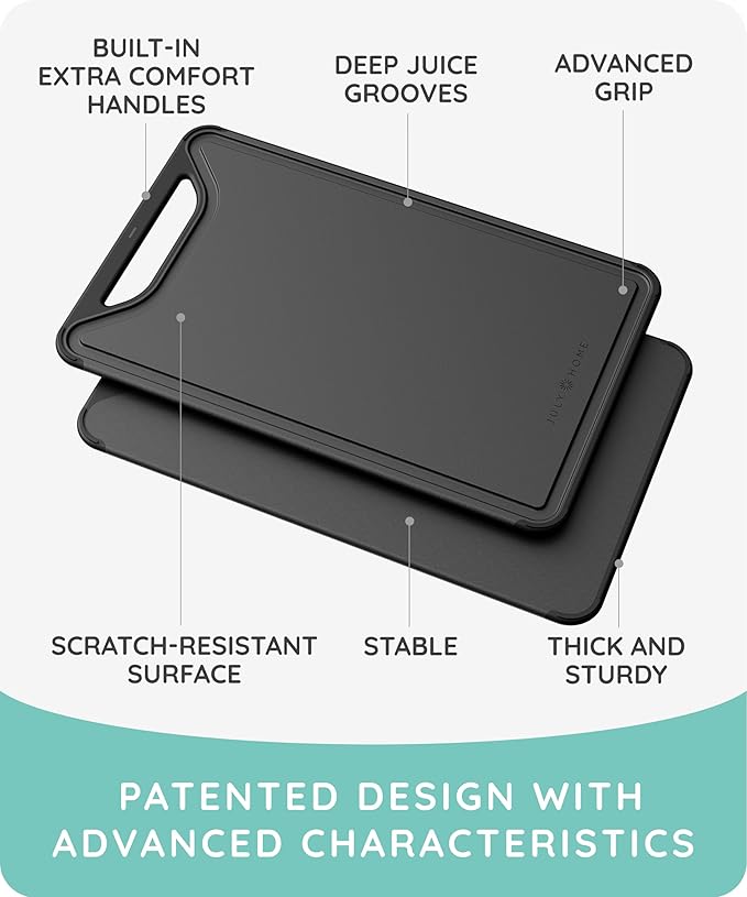 Cutting Boards for Kitchen, Plastic Cutting Board Set of 3, Dishwasher Safe Cutting Boards with Juice Grooves for Meat, Veggies, Fruits, Easy Grip Handle, Non-Slip (Black/Gray)