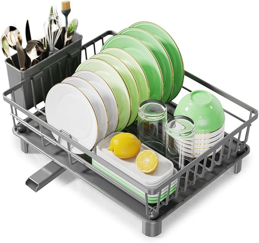 Dish Drying Rack, Stainless Steel Drainer Rack with Drainboard with Smart Drainage System, Space Saving Dish Strainer for Kitchen Counter with Cutlery Holder, Grey
