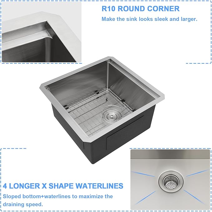 Lordear 15x17 Inch Undermount Kitchen Sink Bar Prep Sink 16 Gauge Stainless Steel Workstation Sink 15” With Cutting Board