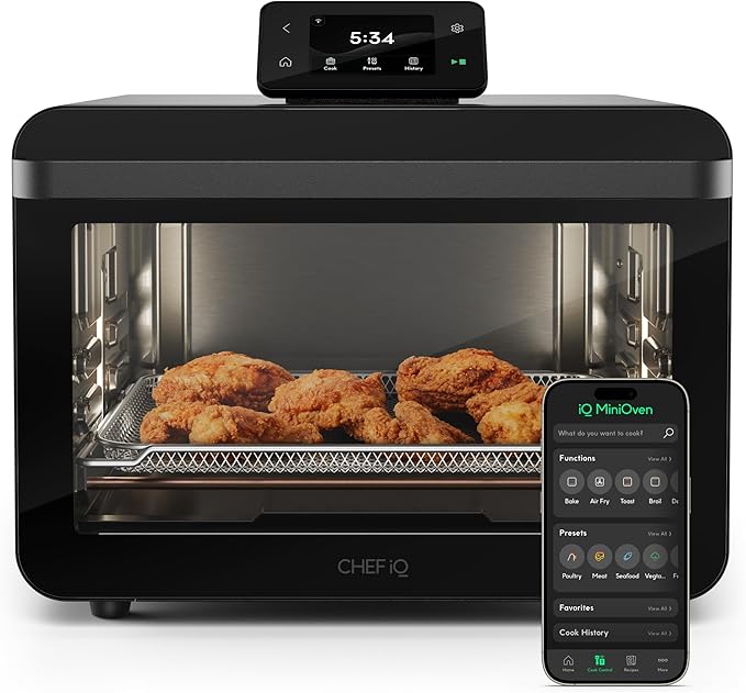 CHEF iQ MiniOven Smart Toaster Oven Air Fryer Combo, 11-in-1 Countertop Convection Oven, Bake, Broil, Air Fry, Broil, Dehydrate, 1750W, 25 Qt Capacity, Fast Cooking with Touchscreen Controls – Black