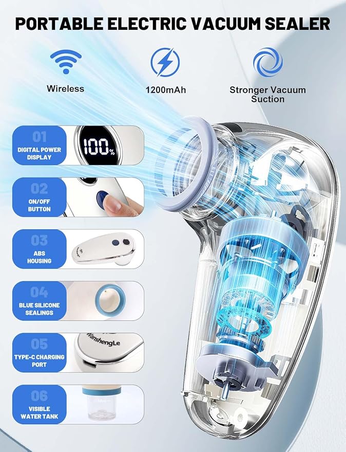 WanshengLe Vacuum Sealer, Handheld Vacuum Sealer for Food, Compact Vacuum Sealer Machine with 30 Reusable Sous Vide Bags for Preservation, Portable Food Sealer, Fresh & Save Meal Prep, White